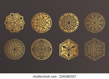 Set of 8 islamic golden ornaments on black background in vector. Circular ornamental arabic symbols. Abstract Asian elements of the national pattern of the ancient nomads of the Kazakhs, Tatars.