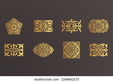 Set of 8 islamic golden ornaments on black background in vector. Circular ornamental arabic symbols. Abstract Asian elements of the national pattern of the ancient nomads of the Kazakhs, Tatars.