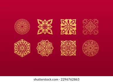 Set of 8 islamic golden ornaments on red background in vector. Circular ornamental arabic symbols. Abstract Asian elements of the national pattern of the ancient nomads of the Kazakhs, Tatars, Kyrgyz