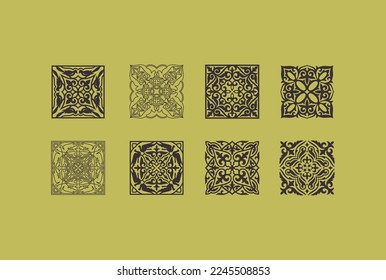 Set of 8 islamic ornaments on yellow background in vector. Circular ornamental arabic symbols. Abstract Asian elements of the national pattern of the ancient nomads of the Kazakhs, Tatars.