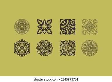 Set of 8 islamic ornaments on yellow background in vector. Circular ornamental arabic symbols. Abstract Asian elements of the national pattern of the ancient nomads of the Kazakhs, Tatars.