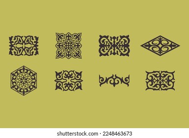 Set of 8 islamic ornaments on yellow background in vector. Circular ornamental arabic symbols. Abstract Asian elements of the national pattern of the ancient nomads of the Kazakhs, Tatars.