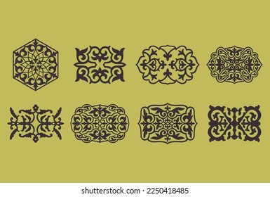 Set of 8 islamic ornaments on yellow background in vector. Circular ornamental arabic symbols. Abstract Asian elements of the national pattern of the ancient nomads of the Kazakhs, Tatars.