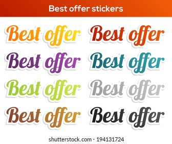 Set of 8 isolated colorful stickers with Best offer text