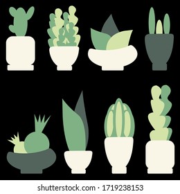 Set of 8 isolated images of different indoor plants in pots. For the design of a plant store, delivery, computer games, educational salting care for children. Flat. Vector graphics.