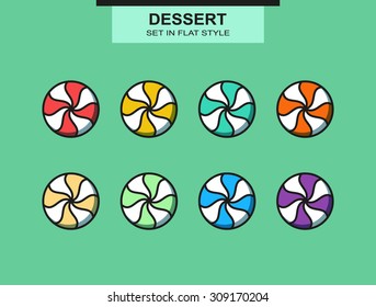 Set of 8 isolated multi-colored candies in a flat style. 