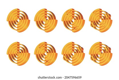 A set of 8 isometric 3D logos. Abstract round logo template. Sector geometric shape, symmetrical symbol, concentric circles, orbits. The company's logo design, etc.