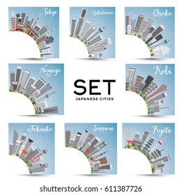 Set of 8 Japanese Cities with Gray Buildings and Blue Sky. Vector Illustration. Business Travel and Tourism Concept with Historic Architecture.