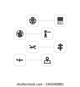 Set of 8 journey icons set. Collection of kayak, earth, lighthouse and other elements.