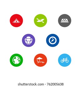 Set Of 8 Journey Icons Set.Collection Of Rucksack, Chaise Longue, Bike And Other Elements.