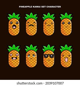 Set of 8 kawaii pineapples, cute pineapple, cartoon pineapple for your background