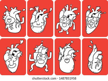 Set of 8 kid's hand drawing heart. Fun and strange different kind of heart's characters. Vector illustration.