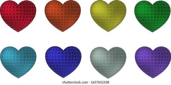 Set of 8 knitted hearts. For the design of holiday cards, magazines, banners. Can be used for congratulations on March 8, happy birthday, Happy Valentine's Day. Suitable for any design.