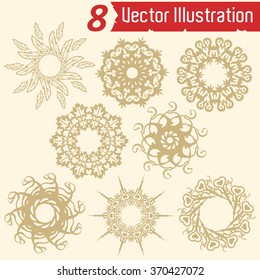 Set of 8 lace ornaments. Vector illustration.