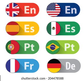 Set of 8 Language buttons, flat style. CMYK Ai10 EPS.