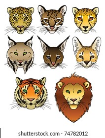 A set of 8 large predatory cat heads. Eps 8 Vector.
