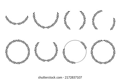 Set of 8 laurel black wreaths. Leaves and branches in the circular and semicircular form. Vector illustration for design.