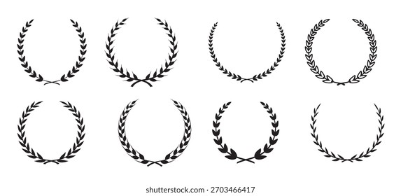 Set of 8 laurel isolated on white background, flat glyph style, clipart design template, design element