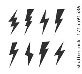 Set of 8 Lightning flat icons. Thunderbolts icons isolated on black background. Vector illustration