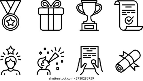 Set of 8 Line Icons for Awards Gifts Trophies and Certificates of Achievement medal