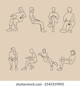 Set of 8 linear silhouettes of people in sitting poses. These minimalistic drawings showcase a variety of sitting positions, ideal for conveying relaxation, contemplation, and calm moments. 