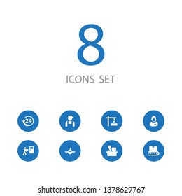 Set of 8 logistic icons set. Collection of home delivery, around the clock, support and other elements.