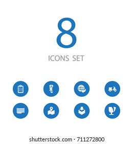 Set Of 8 Logistic Icons Set.Collection Of Position, Cargo, Wagon And Other Elements.