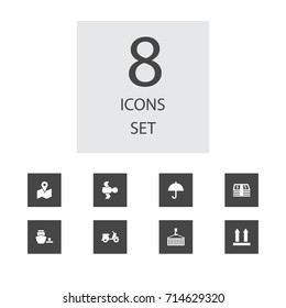 Set Of 8 Logistic Icons Set.Collection Of Scooter, Position, Umbrella And Other Elements.