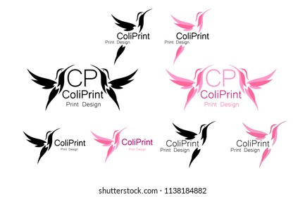 A set of 8 logos of birds, a company or a site. Birds - hummingbirds of different colors with the text of the name of your company and the slogan.