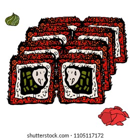 Set of 8 machi with caviar, cucumber. Vector illustration.