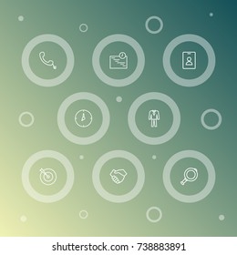 Set Of 8 Management Outline Icons Set.Collection Of Handset, Magnifier, Handshake Elements.