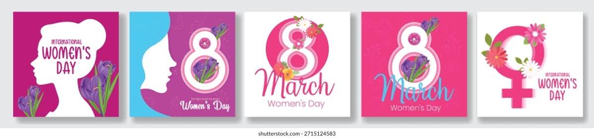 Set of 8 March Women’s Day celebration social media posts, banner ads template pack, square flyer poster bundle, floral vector backgrounds, female face silhouette design