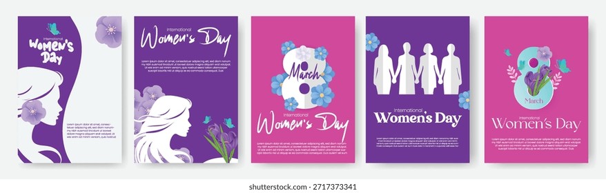 Set of 8 March Women’s Day flyer poster templates and leaflet brochure cover designs with decorative floral vector illustration backgrounds and minimal female face silhouette for branding promotions