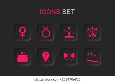 Set 8 March, Diamond engagement ring, Female gender symbol, Gift bow, Flower tulip, Paper shopping bag, King crown and Handbag icon. Vector