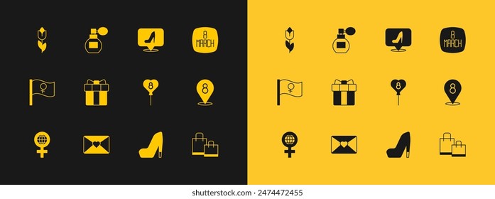 Set 8 March, Envelope with, Balloons, Woman shoe, Gift box and heart, Flower tulip and Perfume icon. Vector