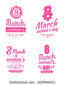 Set of 8 March greeting cards design dedicated to International Womens day, Eight with blooming flowers vector text on pink ribbon isolated on white