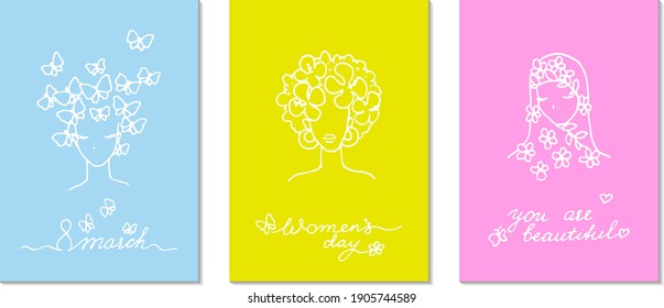 Juego de tarjetas de felicitación del 8 de marzo. Las mujeres modernas dibujadas a mano se enfrentan a diferentes nacionalidades. Ilustración vectorial.