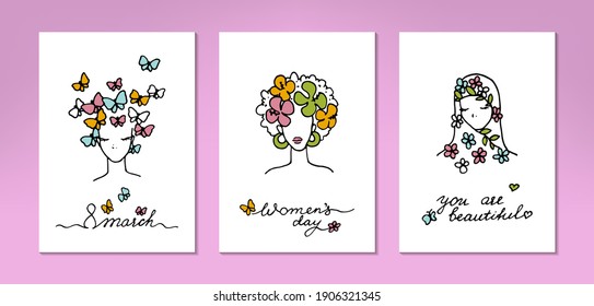 Set of 8 March greeting cards. Hand drawn modern women faces of different nationalities. Vector illustration