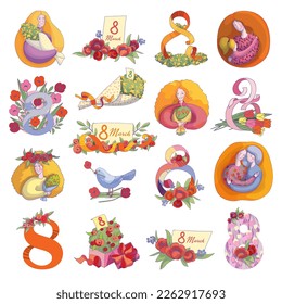 Serie de tarjetas de felicitación del 8 de marzo para el Día Internacional de la Mujer. Hermosas mujeres con ramos de flores de primavera postal, publicidad, diseño de folletos ilustraciones vectoriales
