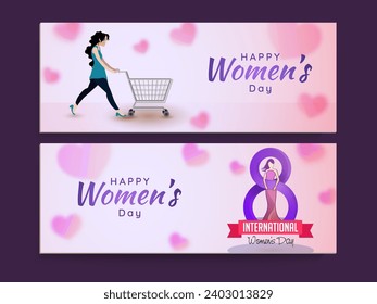 Set of 8 March, Happy Women's Day Celebration Banner or Header Design in Pastel Pink Color.