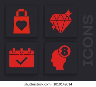 Fijado el 8 de marzo en cabeza humana, bolsa de compras con corazón, Diamante y Calendario con icono del 8 de marzo. Vector