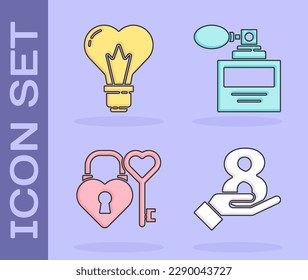 Set 8 March on hand, Heart shape in a light bulb, Castle and key in heart shape and Perfume icon. Vector