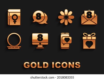 Set 8 March on monitore, Envelope with, Gift box and heart, Online dating app chat, Makeup powder mirror, Flower, Book about women and speech bubble icon. Vector
