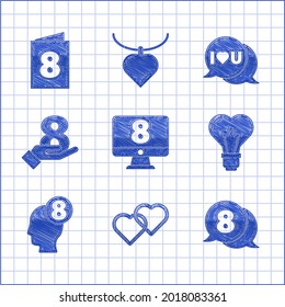 Set 8 March on monitore, Two Linked Hearts, speech bubble, shape light bulb, human head, hand, Speech with I love you and Greeting card icon. Vector
