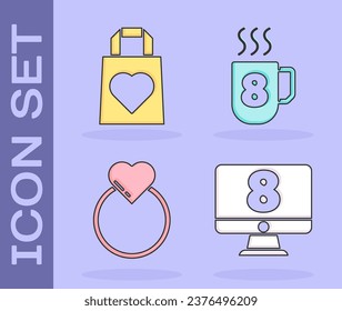 Set 8 March on monitore, Shopping bag with heart, Wedding rings and Coffee cup with 8 March icon. Vector