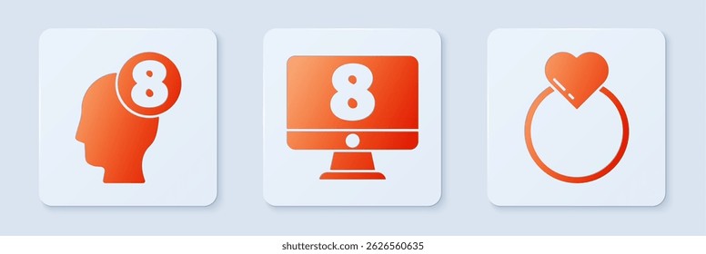 Set 8 March on monitore, 8 March in human head and Wedding rings. White square button. Vector