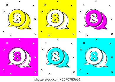 Defina 8 de março no ícone de balão de fala isolado no fundo da cor. Dia Internacional das Mulheres Felizes.  Ilustração de vetor