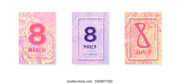 Set of 8 March vertical banners. Happy women's day covers. Templates for banner, poster, flyer, brochure, greeting card. Elements for holiday design.  Vector Illustration.