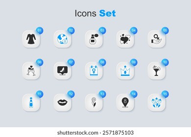 Set 8 March, Woman shoe, International Women Day, Champagne bottle, Flower tulip, Martini glass, dress and Calendar with icon. Vector