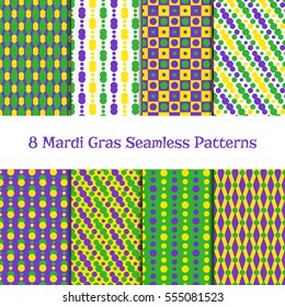 Set of 8 Mardi gras seamless patterns. Fat Tuesday backgrounds. Carnival or party design with beads, diamonds, dots, chessboard in yellow, green and purple. Pattewrn swatches included in Swatch panel.